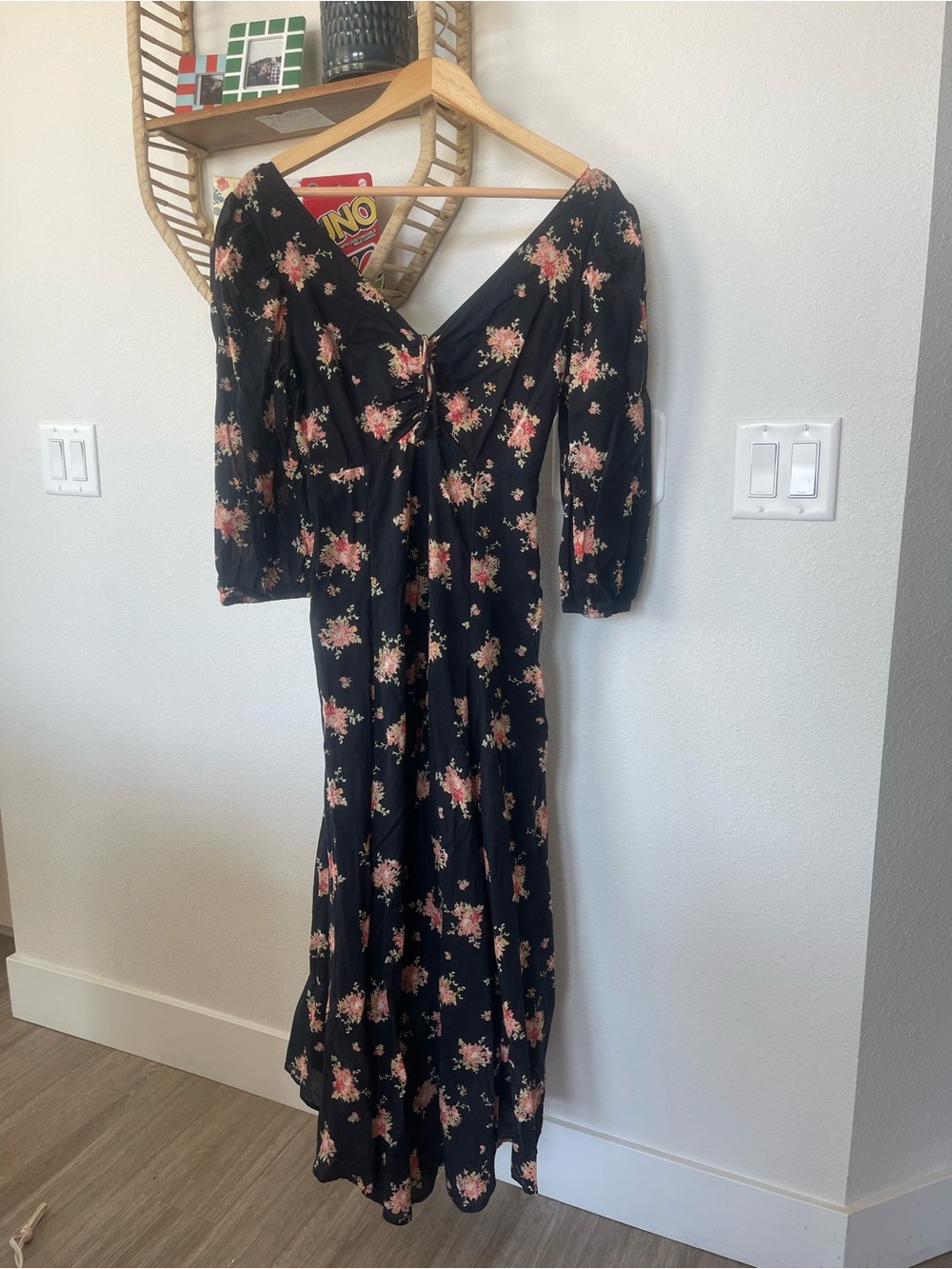Free People Black Floral Midi Dress Size 4 Puff Sleeve Sweetheart Neck - Picture 8 of 8